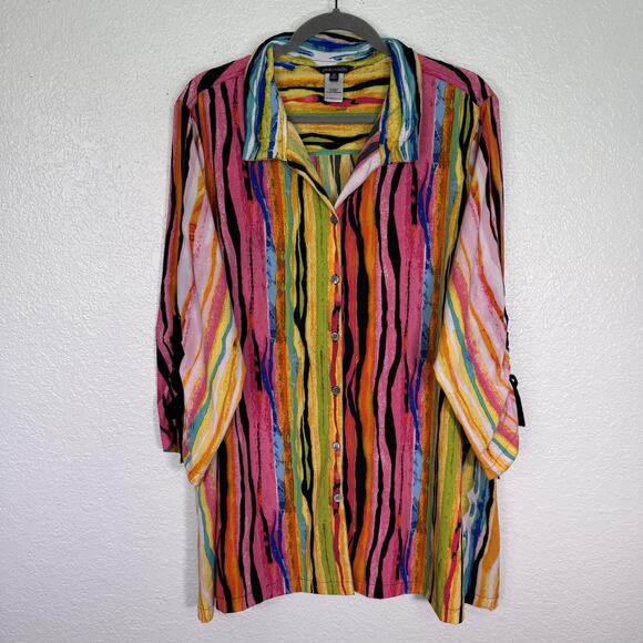 John Mark Top Womens 1X Multicolor Stripe Tunic Blouse Artsy Art To Wear Plus Sz - Picture 1 of 12